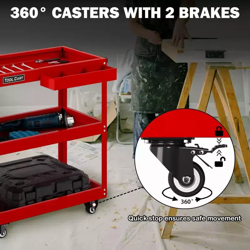 Carrello portautensili rotante a 3 ripiani LDHTHOPI, completamente in metallo, industriale, commerciale, con cassetto, rosso