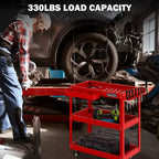 Carrello portautensili rotante a 3 ripiani LDHTHOPI, completamente in metallo, industriale, commerciale, con cassetto, rosso
