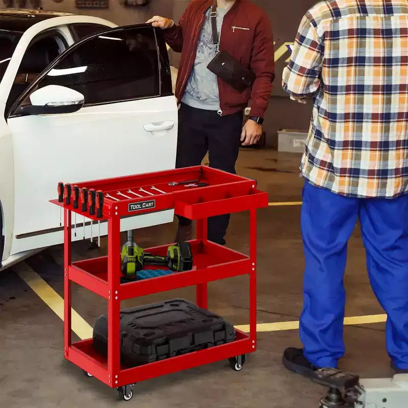 Carrello portautensili rotante a 3 ripiani LDHTHOPI, completamente in metallo, industriale, commerciale, con cassetto, rosso