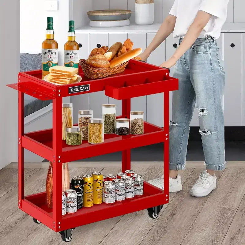 Carrello portautensili rotante a 3 ripiani LDHTHOPI, completamente in metallo, industriale, commerciale, con cassetto, rosso