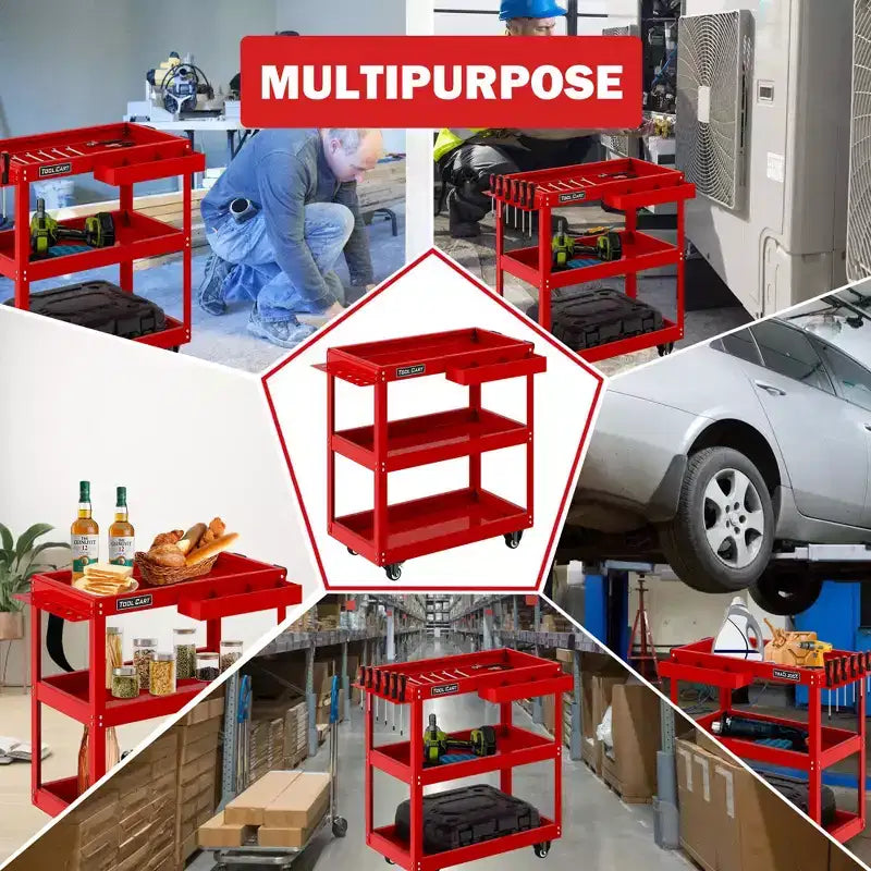 Carrello portautensili rotante a 3 ripiani LDHTHOPI, completamente in metallo, industriale, commerciale, con cassetto, rosso