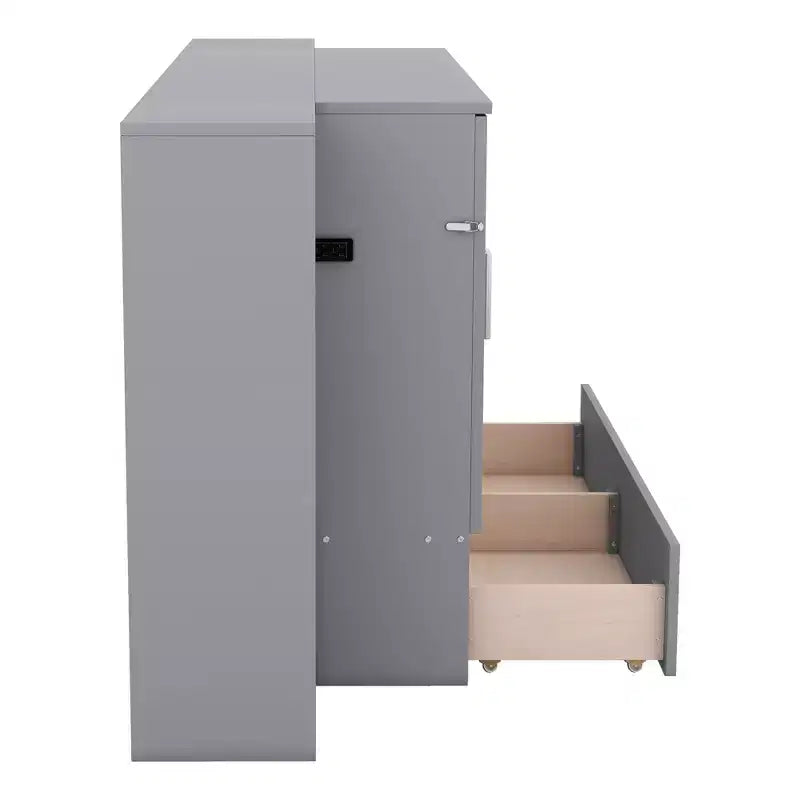 Letto matrimoniale/full Murphy pieghevole in un armadio, struttura letto a piattaforma in legno con mensole, cassetti