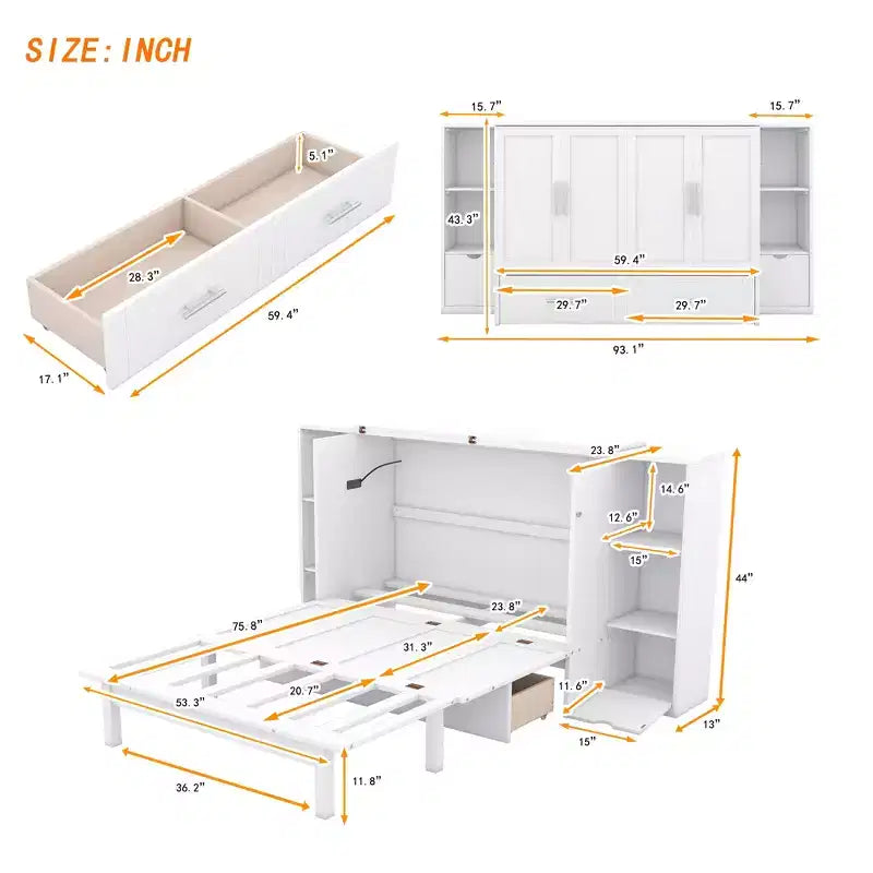 Letto matrimoniale/full Murphy pieghevole in un armadio, struttura letto a piattaforma in legno con mensole, cassetti