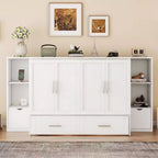 Letto matrimoniale/full Murphy pieghevole in un armadio, struttura letto a piattaforma in legno con mensole, cassetti