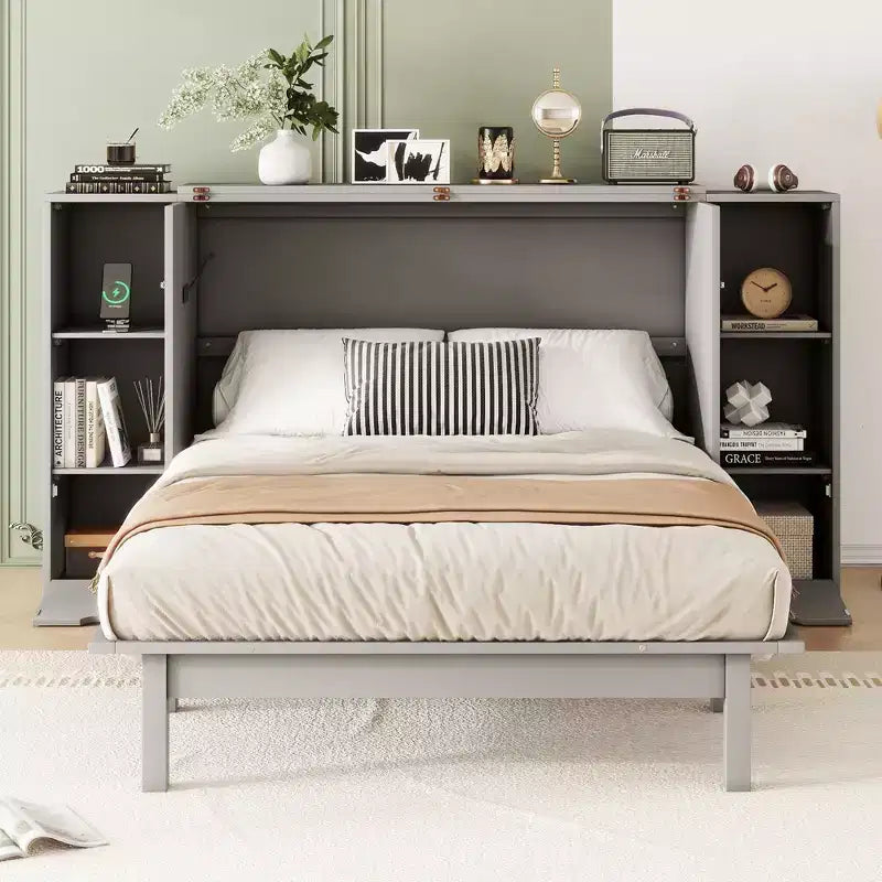 Letto matrimoniale/full Murphy pieghevole in un armadio, struttura letto a piattaforma in legno con mensole, cassetti