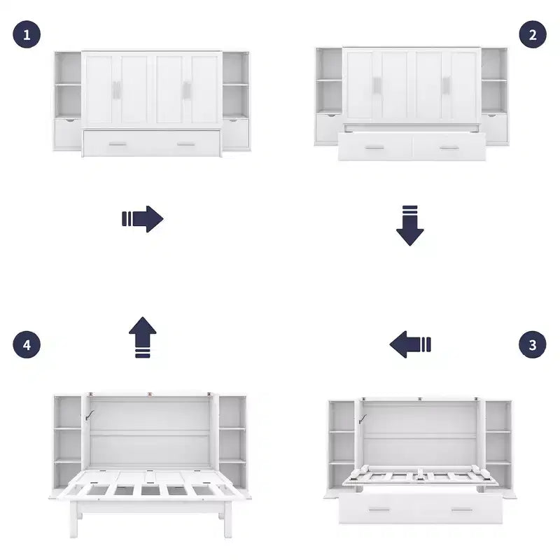 Letto matrimoniale/full Murphy pieghevole in un armadio, struttura letto a piattaforma in legno con mensole, cassetti