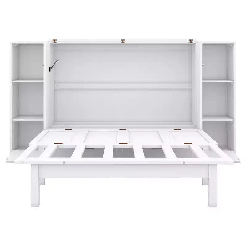 Letto matrimoniale/full Murphy pieghevole in un armadio, struttura letto a piattaforma in legno con mensole, cassetti