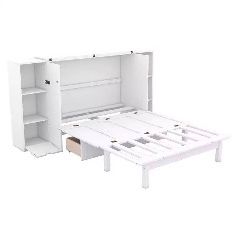 Letto matrimoniale/full Murphy pieghevole in un armadio, struttura letto a piattaforma in legno con mensole, cassetti