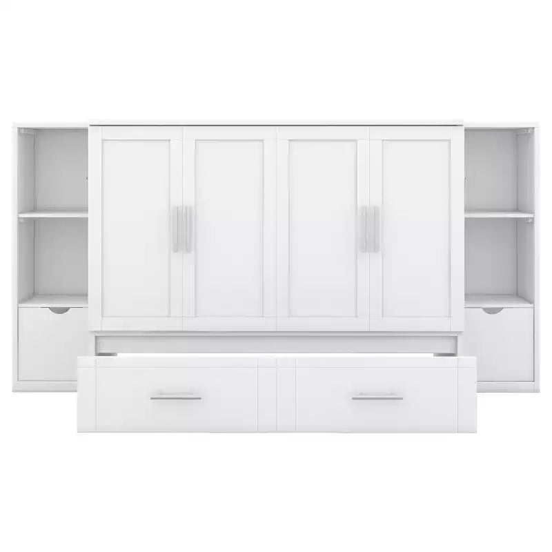 Letto matrimoniale/full Murphy pieghevole in un armadio, struttura letto a piattaforma in legno con mensole, cassetti