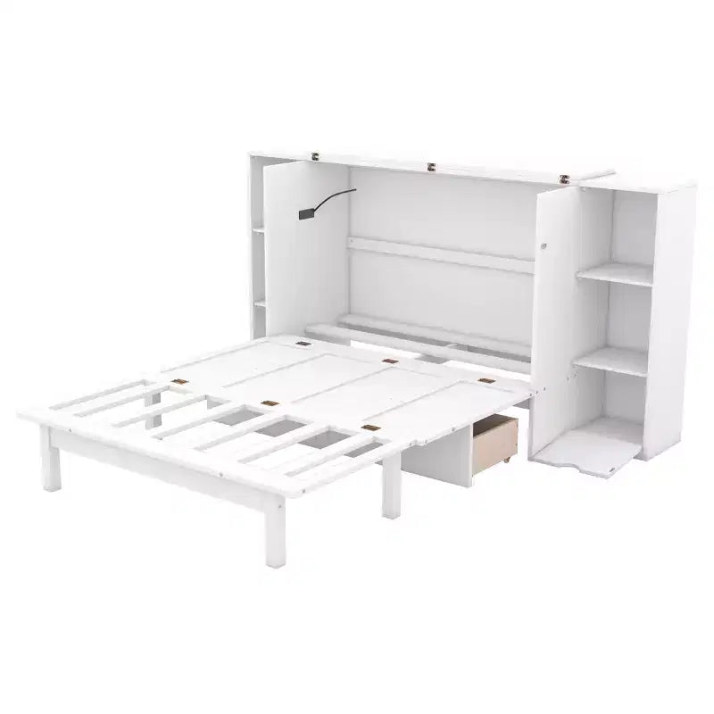 Letto matrimoniale/full Murphy pieghevole in un armadio, struttura letto a piattaforma in legno con mensole, cassetti
