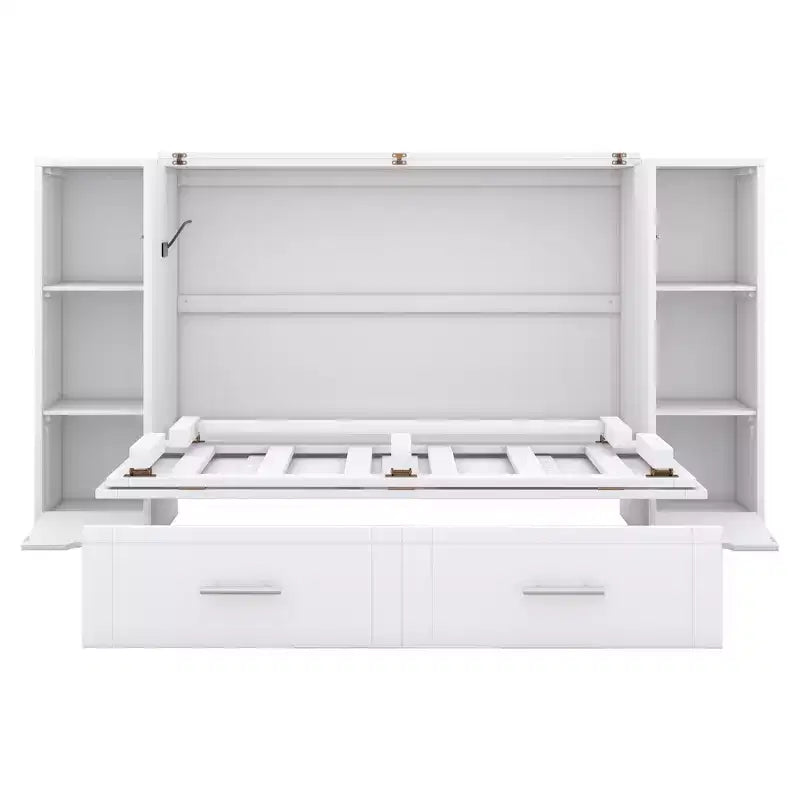 Letto matrimoniale/full Murphy pieghevole in un armadio, struttura letto a piattaforma in legno con mensole, cassetti