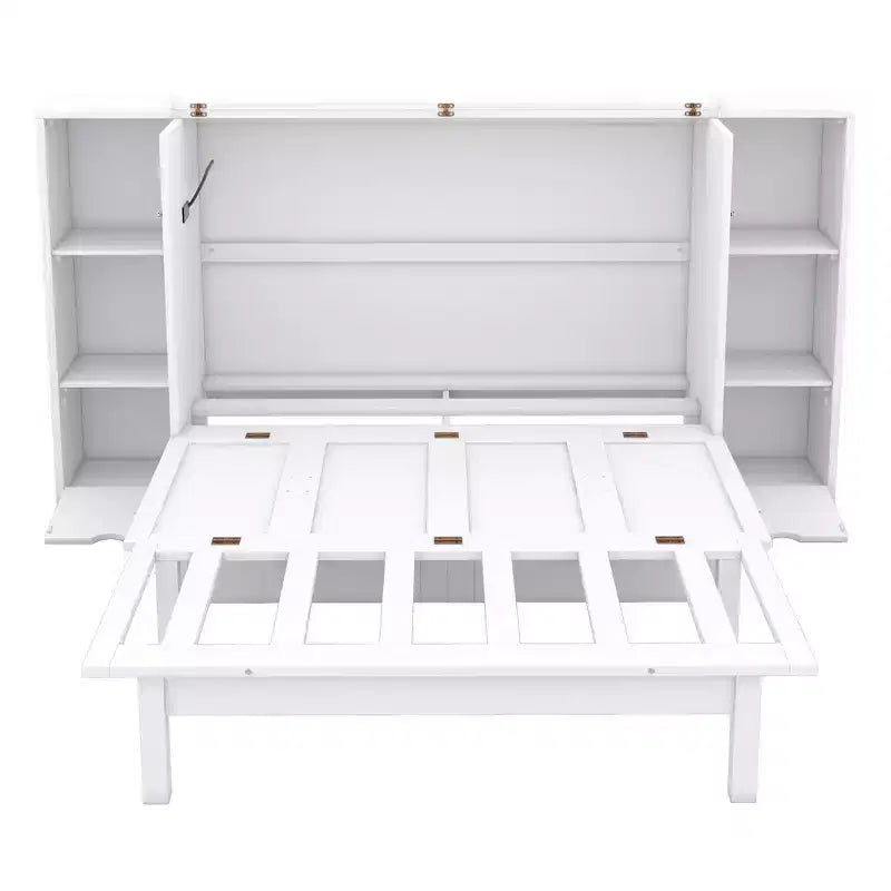 Letto matrimoniale/full Murphy pieghevole in un armadio, struttura letto a piattaforma in legno con mensole, cassetti