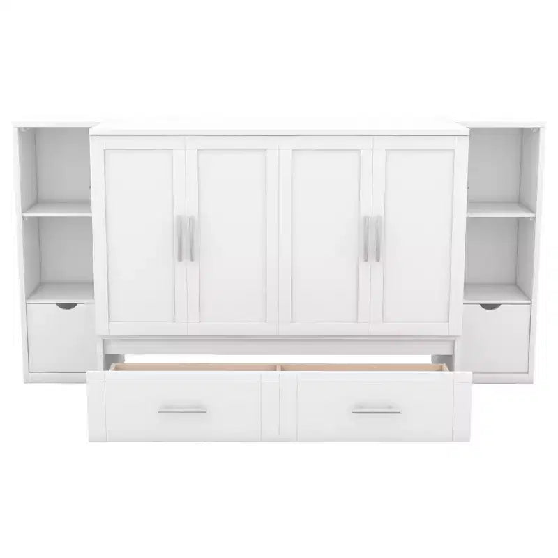 Letto matrimoniale/full Murphy pieghevole in un armadio, struttura letto a piattaforma in legno con mensole, cassetti