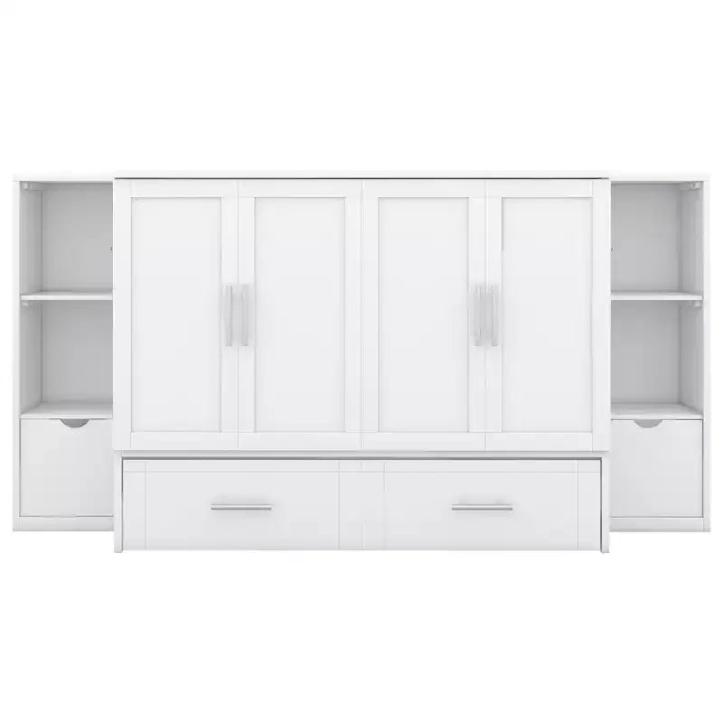 Letto matrimoniale/full Murphy pieghevole in un armadio, struttura letto a piattaforma in legno con mensole, cassetti