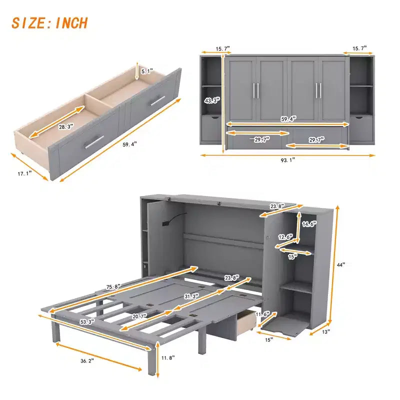 Letto matrimoniale/full Murphy pieghevole in un armadio, struttura letto a piattaforma in legno con mensole, cassetti