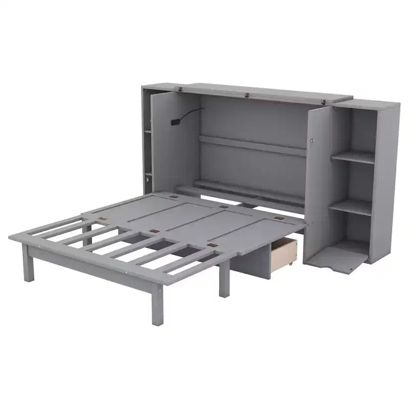 Letto matrimoniale/full Murphy pieghevole in un armadio, struttura letto a piattaforma in legno con mensole, cassetti