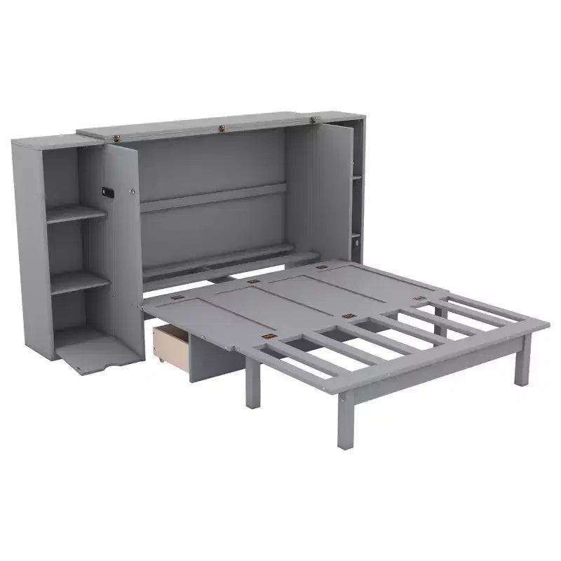 Letto matrimoniale/full Murphy pieghevole in un armadio, struttura letto a piattaforma in legno con mensole, cassetti