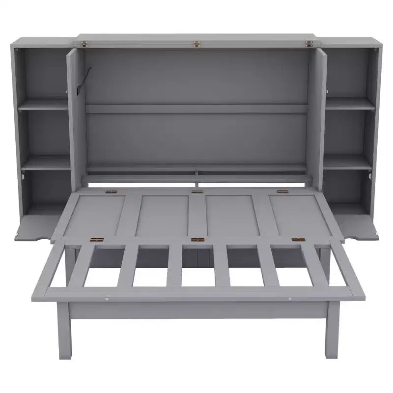 Letto matrimoniale/full Murphy pieghevole in un armadio, struttura letto a piattaforma in legno con mensole, cassetti
