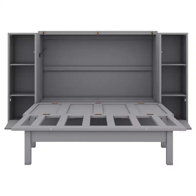 Letto matrimoniale/full Murphy pieghevole in un armadio, struttura letto a piattaforma in legno con mensole, cassetti