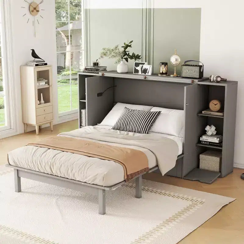 Queen/Full Murphy Bed Foldable into Cabinet, Wooden Platform Bedframe with Shelves, Drawers