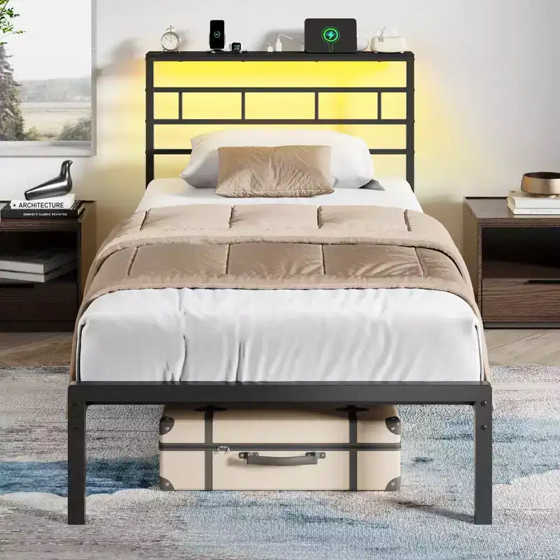 Telaio Letto Singolo con Stazione di Ricarica e Luci a LED Letto a Piattaforma in Metallo Testiera con Contenitore Senza Rumore Nessuna Rete a Molle Necessaria Nero Letto per Ospiti Resistente