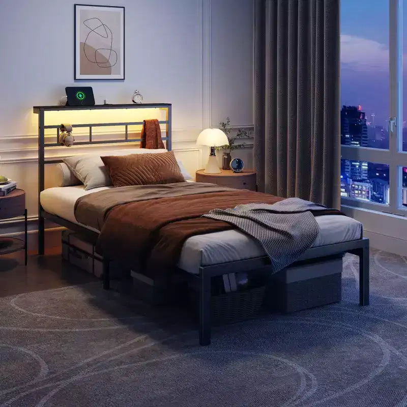 Telaio Letto Singolo con Stazione di Ricarica e Luci a LED Letto a Piattaforma in Metallo Testiera con Contenitore Senza Rumore Nessuna Rete a Molle Necessaria Nero Letto per Ospiti Resistente