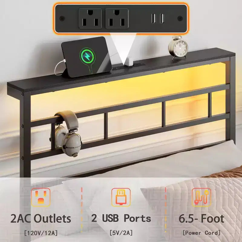 Telaio Letto Singolo con Stazione di Ricarica e Luci a LED Letto a Piattaforma in Metallo Testiera con Contenitore Senza Rumore Nessuna Rete a Molle Necessaria Nero Letto per Ospiti Resistente