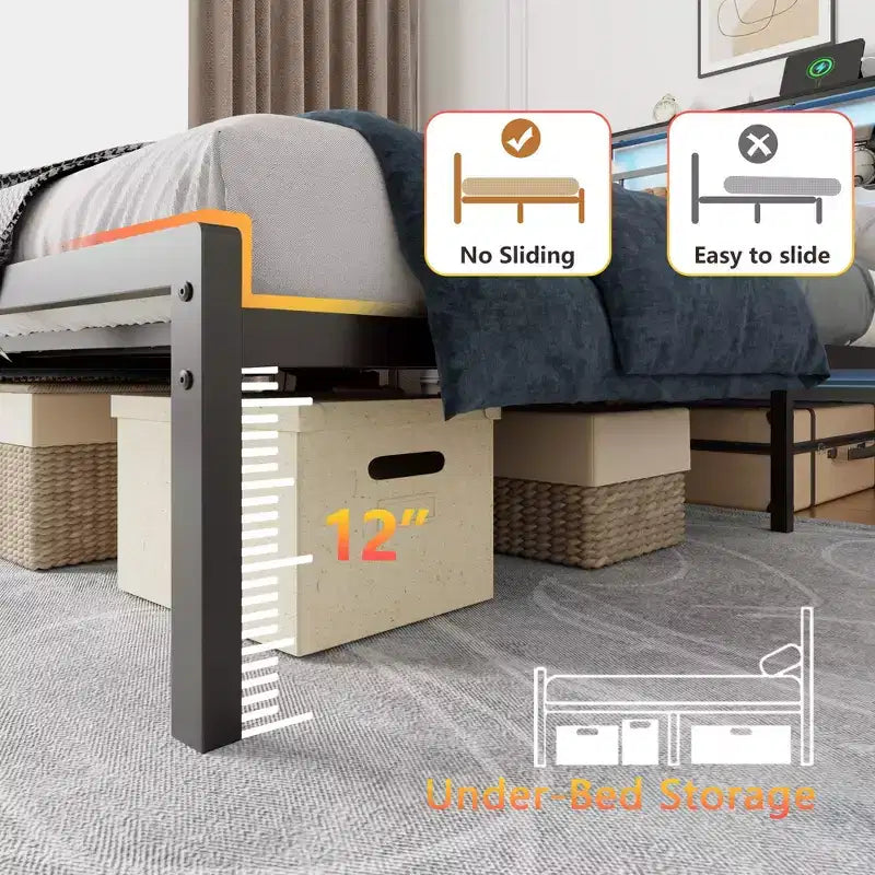 Telaio Letto Singolo con Stazione di Ricarica e Luci a LED Letto a Piattaforma in Metallo Testiera con Contenitore Senza Rumore Nessuna Rete a Molle Necessaria Nero Letto per Ospiti Resistente