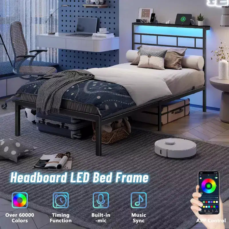 Telaio Letto Singolo con Stazione di Ricarica e Luci a LED Letto a Piattaforma in Metallo Testiera con Contenitore Senza Rumore Nessuna Rete a Molle Necessaria Nero Letto per Ospiti Resistente
