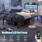Telaio Letto Singolo con Stazione di Ricarica e Luci a LED Letto a Piattaforma in Metallo Testiera con Contenitore Senza Rumore Nessuna Rete a Molle Necessaria Nero Letto per Ospiti Resistente