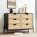 47'' Farmhouse Chest of Drawers,Rattan 6 Drawer Dresser with Metal Legs,Modern Wooden Dresser ,Large Wide Drawer Dresser for Bedroom,Living Room