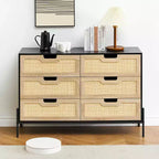 Cassettiera rustica da 47'', Cassettiera a 6 cassetti in rattan con gambe in metallo, Cassettiera moderna in legno, Cassettiera ampia e grande per camera da letto, soggiorno