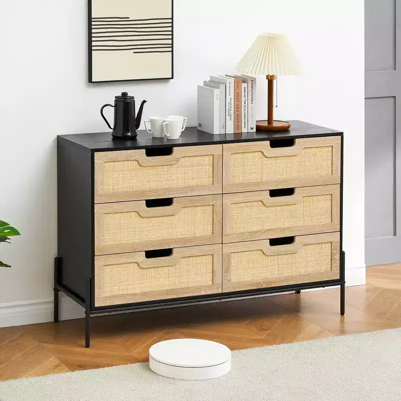 Cassettiera rustica da 47'', Cassettiera a 6 cassetti in rattan con gambe in metallo, Cassettiera moderna in legno, Cassettiera ampia e grande per camera da letto, soggiorno