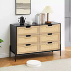 Cassettiera rustica da 47'', Cassettiera a 6 cassetti in rattan con gambe in metallo, Cassettiera moderna in legno, Cassettiera ampia e grande per camera da letto, soggiorno