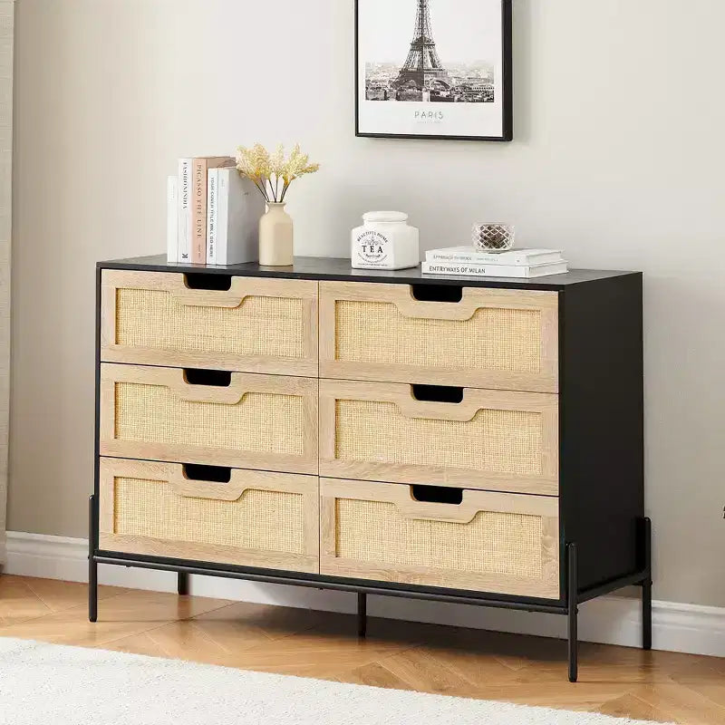 Cassettiera rustica da 47'', Cassettiera a 6 cassetti in rattan con gambe in metallo, Cassettiera moderna in legno, Cassettiera ampia e grande per camera da letto, soggiorno