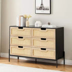 Cassettiera rustica da 47'', Cassettiera a 6 cassetti in rattan con gambe in metallo, Cassettiera moderna in legno, Cassettiera ampia e grande per camera da letto, soggiorno
