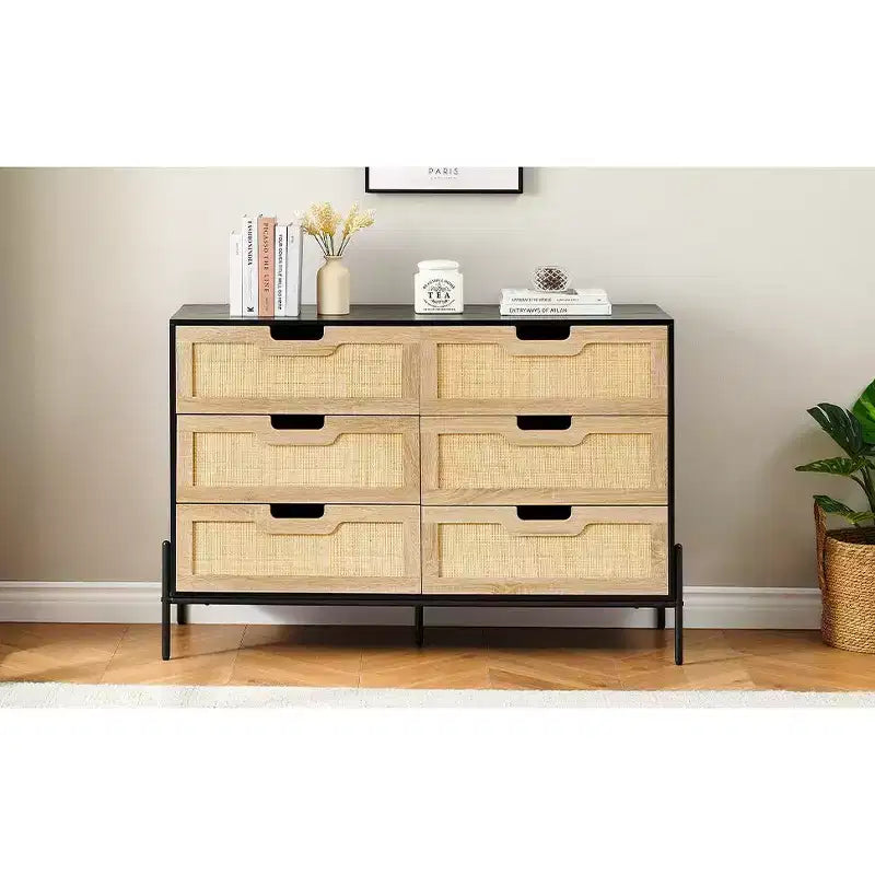 Cassettiera rustica da 47'', Cassettiera a 6 cassetti in rattan con gambe in metallo, Cassettiera moderna in legno, Cassettiera ampia e grande per camera da letto, soggiorno