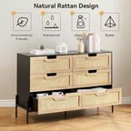 Cassettiera rustica da 47'', Cassettiera a 6 cassetti in rattan con gambe in metallo, Cassettiera moderna in legno, Cassettiera ampia e grande per camera da letto, soggiorno