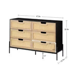 Cassettiera rustica da 47'', Cassettiera a 6 cassetti in rattan con gambe in metallo, Cassettiera moderna in legno, Cassettiera ampia e grande per camera da letto, soggiorno