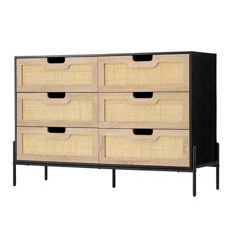 Cassettiera rustica da 47'', Cassettiera a 6 cassetti in rattan con gambe in metallo, Cassettiera moderna in legno, Cassettiera ampia e grande per camera da letto, soggiorno