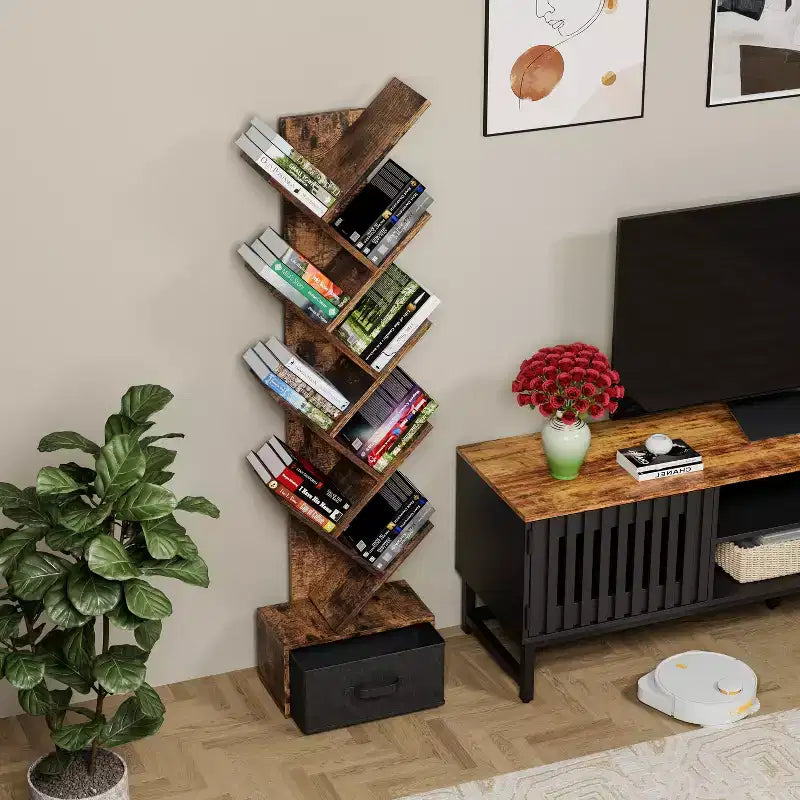 Libreria ad Albero a 9 Livelli, Scaffale Alto e Stretto da Terra con Cassetto Portaoggetti, Organizer per Libri, CD, Camera da Letra, Soggiorno, Ufficio Domestico