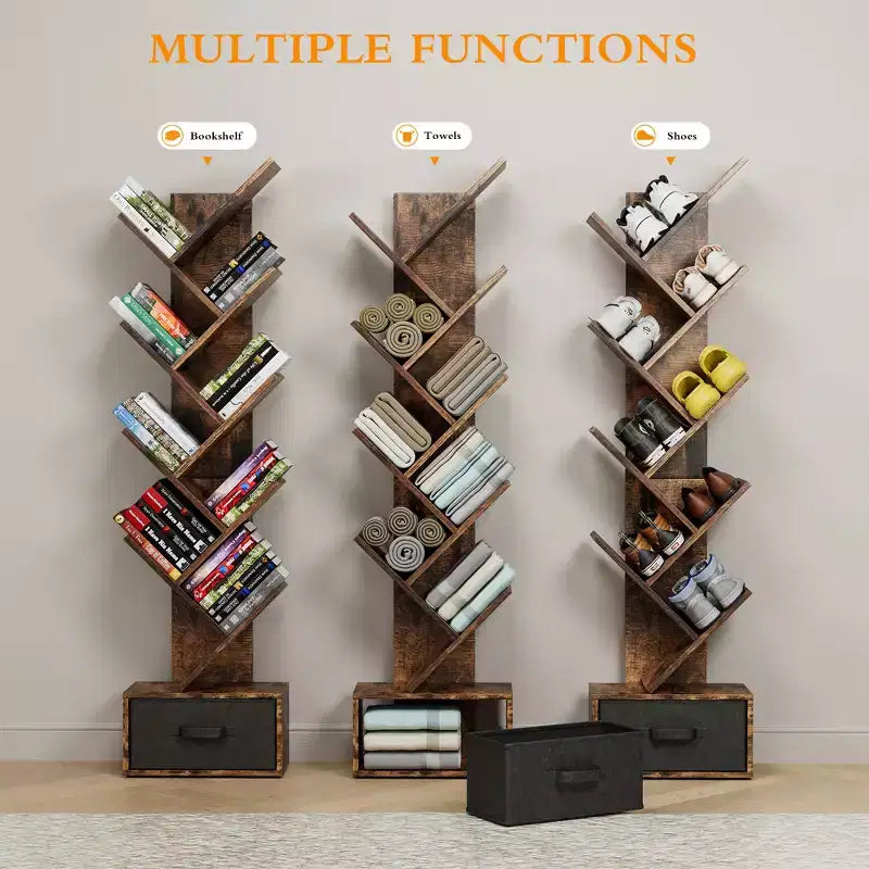 Libreria ad Albero a 9 Livelli, Scaffale Alto e Stretto da Terra con Cassetto Portaoggetti, Organizer per Libri, CD, Camera da Letra, Soggiorno, Ufficio Domestico