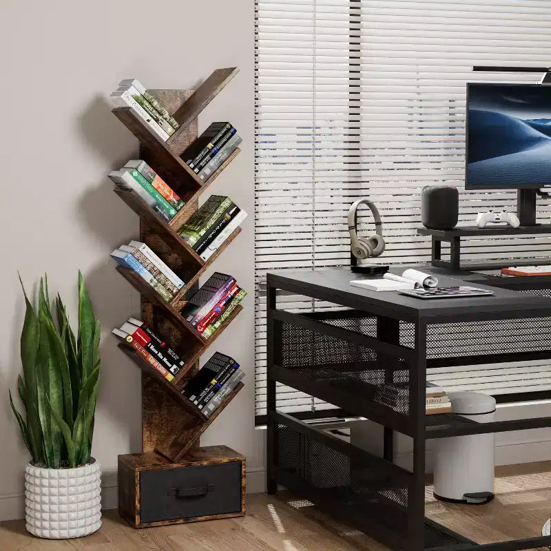 Libreria ad Albero a 9 Livelli, Scaffale Alto e Stretto da Terra con Cassetto Portaoggetti, Organizer per Libri, CD, Camera da Letra, Soggiorno, Ufficio Domestico