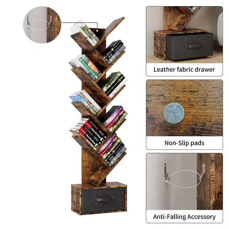 Libreria ad Albero a 9 Livelli, Scaffale Alto e Stretto da Terra con Cassetto Portaoggetti, Organizer per Libri, CD, Camera da Letra, Soggiorno, Ufficio Domestico