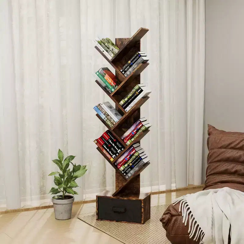 Libreria ad Albero a 9 Livelli, Scaffale Alto e Stretto da Terra con Cassetto Portaoggetti, Organizer per Libri, CD, Camera da Letra, Soggiorno, Ufficio Domestico