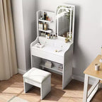 Toeletta con specchio e luce, tavolo da trucco con supporto per asciugacapelli, toeletta con sedia e 3 cassetti