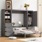Queen Size Murphy Bed Wall Bed with 2 Side Closet, Drawers and Shelves, Cabinet Bed Folding Wall Bed for Guest Room Bedroom Office