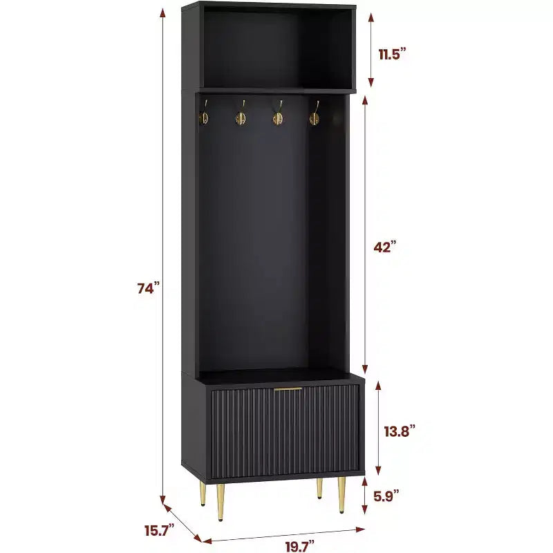 Panca da Ingresso 4 in 1 con Scarpiera e Attaccapanni, Organizzatore Hall Tree da 74'' con 4 Ganci Dorati, Armadietto e Design Rustico per Piccoli Spazi