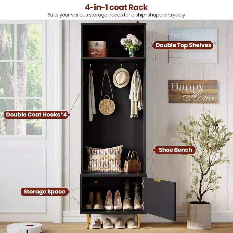 Panca da Ingresso 4 in 1 con Scarpiera e Attaccapanni, Organizzatore Hall Tree da 74'' con 4 Ganci Dorati, Armadietto e Design Rustico per Piccoli Spazi