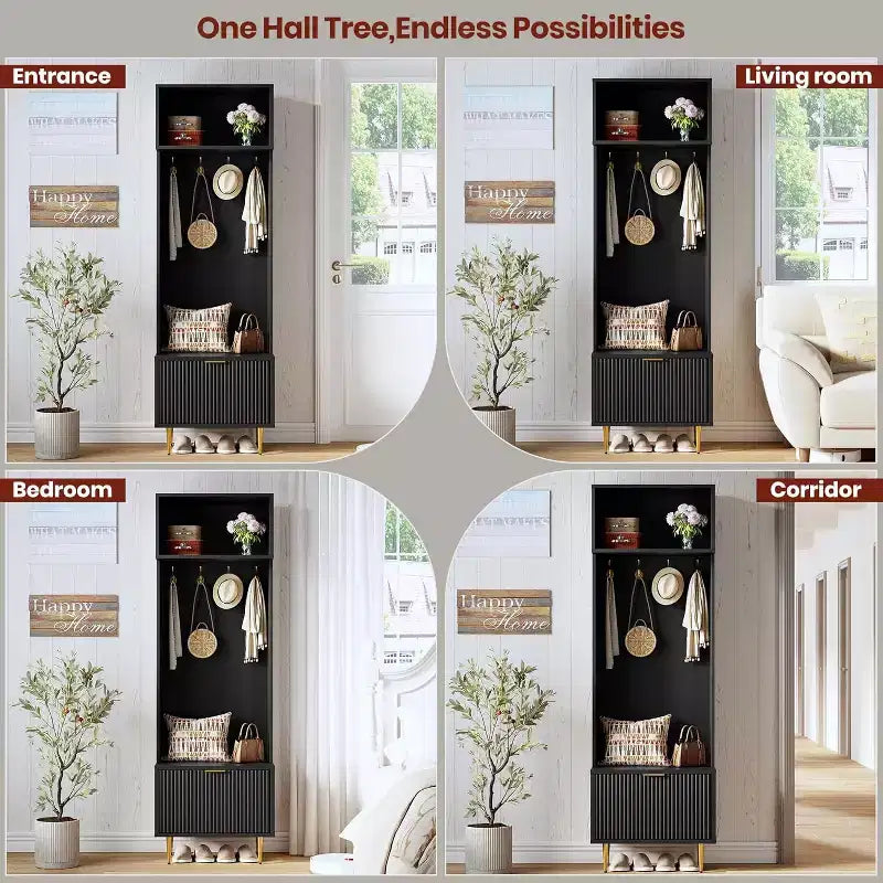 Panca da Ingresso 4 in 1 con Scarpiera e Attaccapanni, Organizzatore Hall Tree da 74'' con 4 Ganci Dorati, Armadietto e Design Rustico per Piccoli Spazi